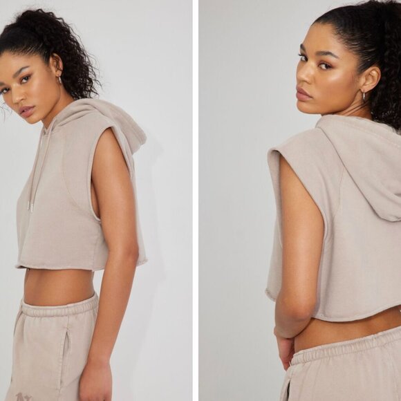 NWT GARAGE Cropped Boyfriend Sleeveless Hoodie in Cobblestone Beige XS $40 - Picture 3 of 6